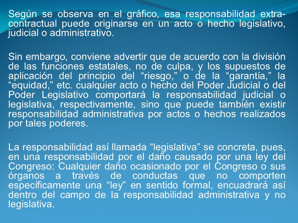 Según se observa en el gráfico, esa responsabilidad extra-contractual puede originarse en un acto o hecho legislativo, judicial o administrativo.