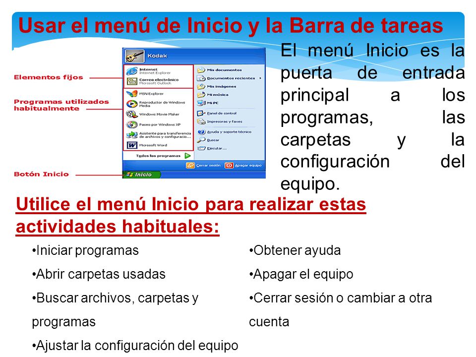 Usar el menú de Inicio y la Barra de tareas