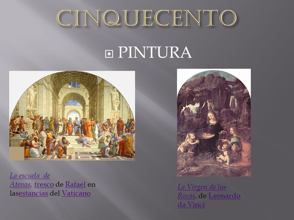 Cinquecento PINTURA. La escuela de Atenas, fresco de Rafael en lasestancias del Vaticano.