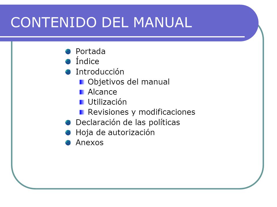 CONTENIDO DEL MANUAL Portada Índice Introducción Objetivos del manual