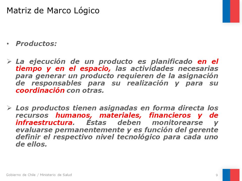 Matriz de Marco Lógico Productos: