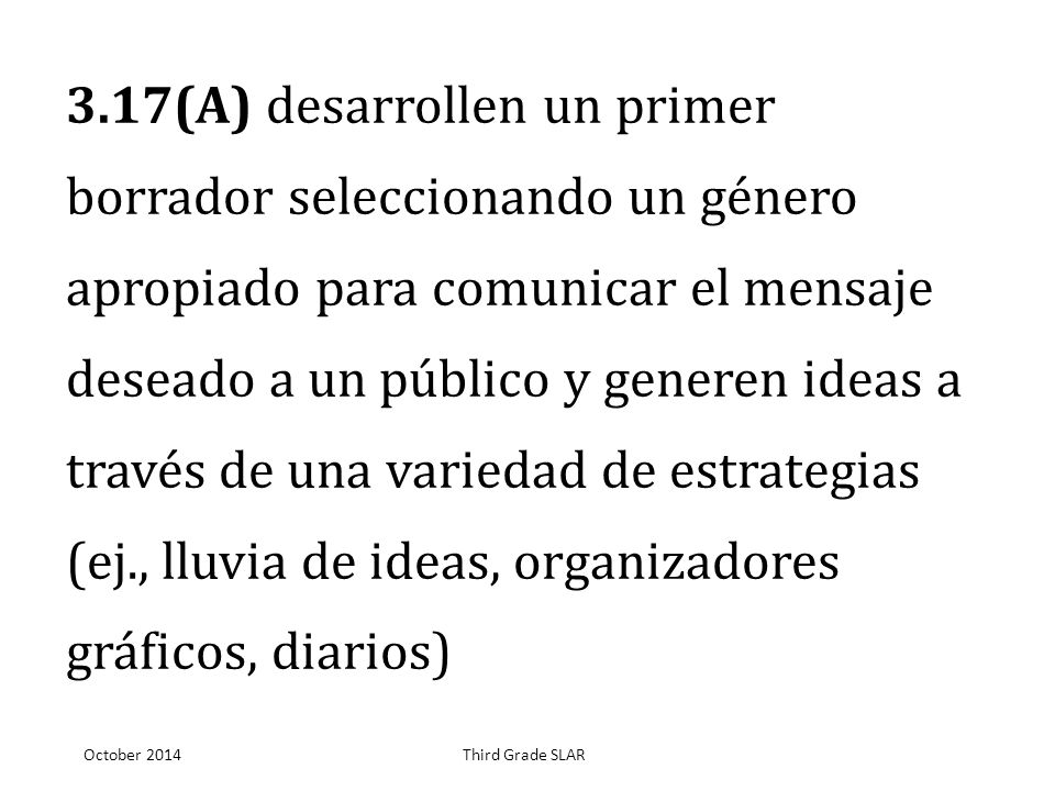 3.17(A) desarrollen un primer borrador seleccionando un género apropiado para comunicar el mensaje deseado a un público y generen ideas a través de una variedad de estrategias (ej., lluvia de ideas, organizadores gráficos, diarios)