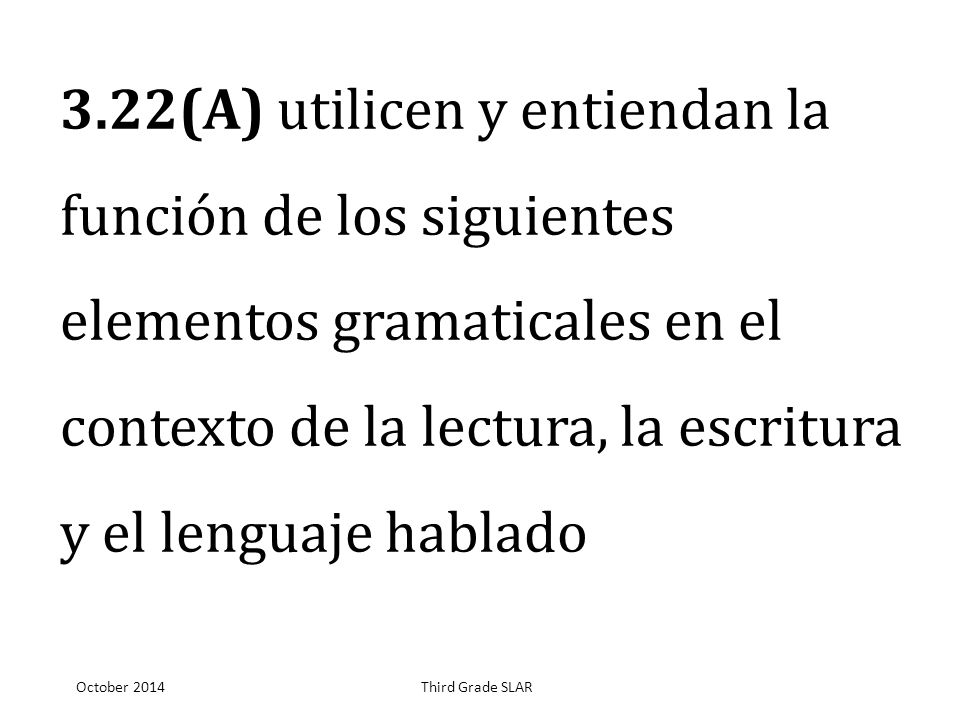 3.22(A) utilicen y entiendan la función de los siguientes elementos gramaticales en el contexto de la lectura, la escritura y el lenguaje hablado