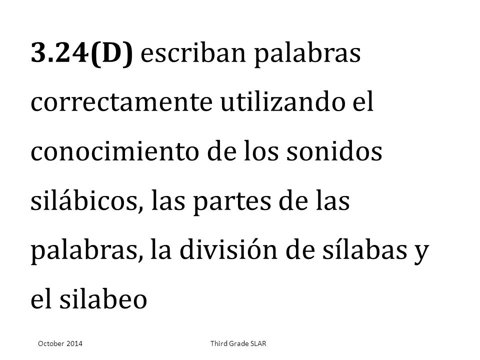 3.24(D) escriban palabras correctamente utilizando el conocimiento de los sonidos silábicos, las partes de las palabras, la división de sílabas y el silabeo