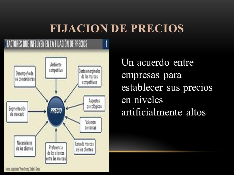 FIJACION DE PRECIOS Un acuerdo entre empresas para establecer sus precios en niveles artificialmente altos.