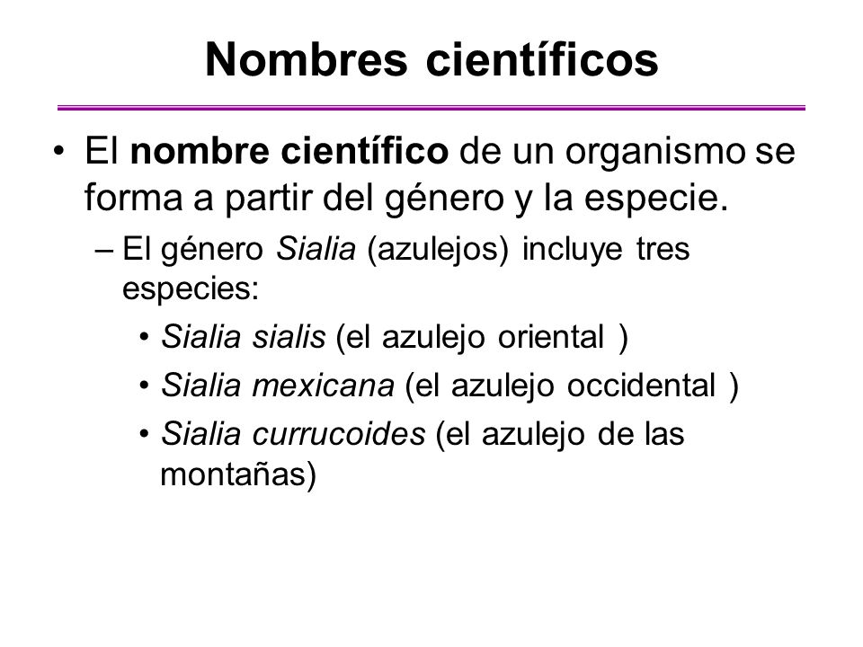 Nombres científicos El nombre científico de un organismo se forma a partir del género y la especie.
