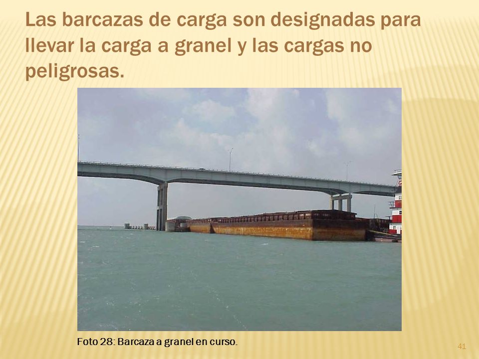 Las barcazas de carga son designadas para llevar la carga a granel y las cargas no peligrosas.