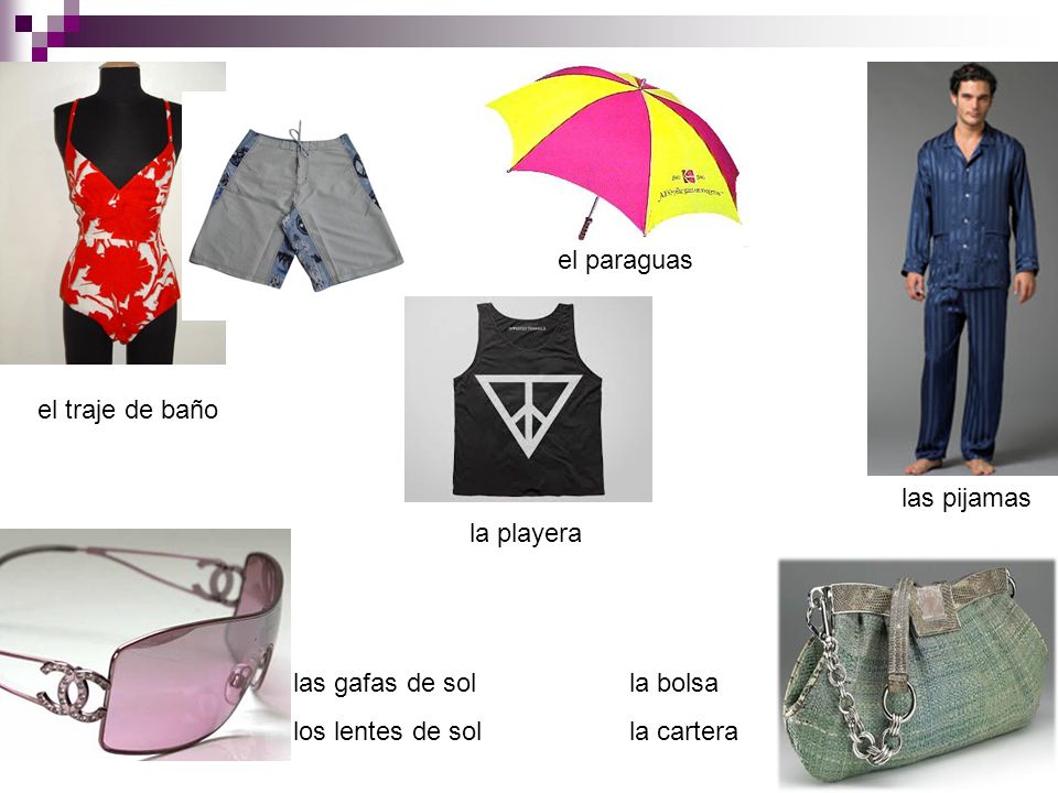 el paraguas el traje de baño. las pijamas. la playera. las gafas de sol. los lentes de sol. la bolsa.