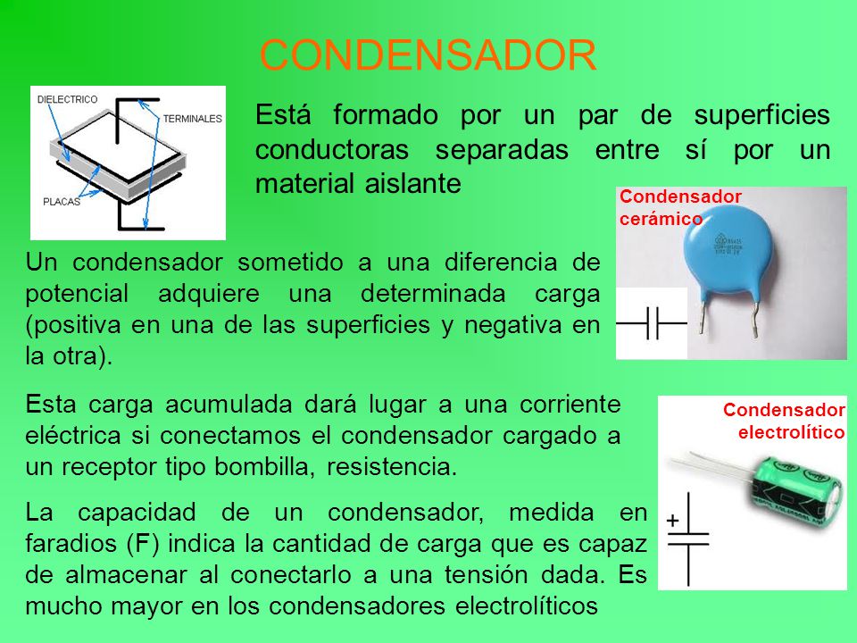 CONDENSADOR Está formado por un par de superficies conductoras separadas entre sí por un material aislante.