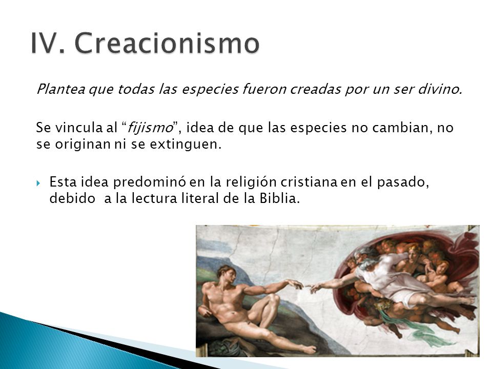 IV. Creacionismo Plantea que todas las especies fueron creadas por un ser divino.