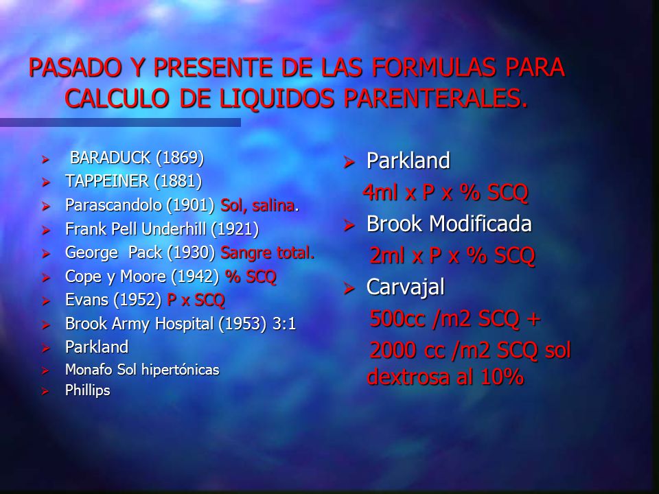 PASADO Y PRESENTE DE LAS FORMULAS PARA CALCULO DE LIQUIDOS PARENTERALES.