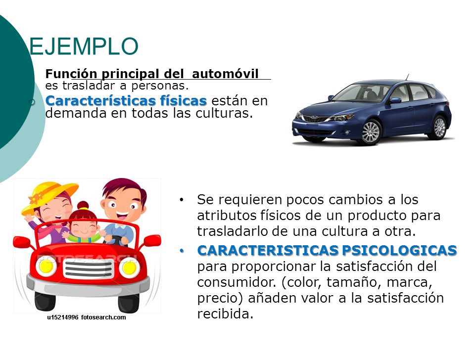 EJEMPLO Función principal del automóvil es trasladar a personas. Características físicas están en demanda en todas las culturas.