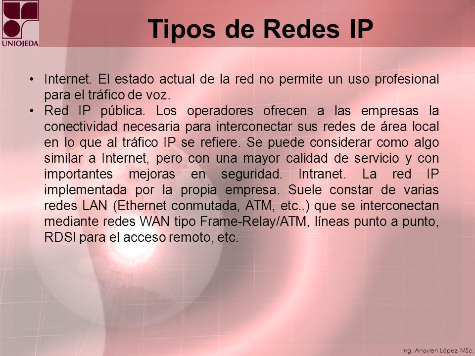 Tipos de Redes IP Internet. El estado actual de la red no permite un uso profesional para el tráfico de voz.
