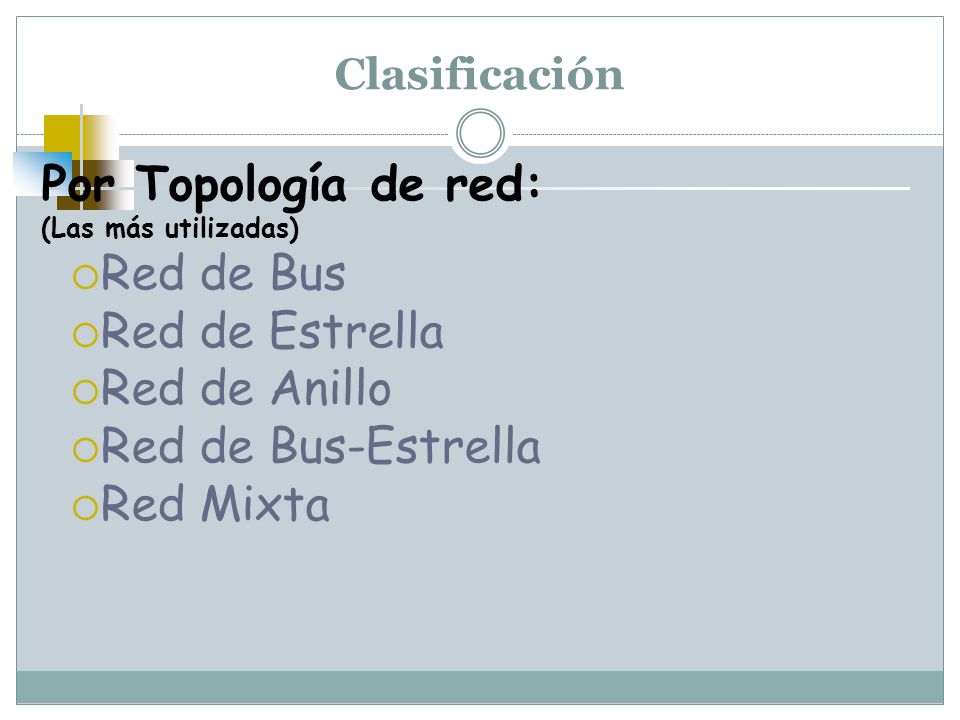Por Topología de red: Red de Bus Red de Estrella Red de Anillo