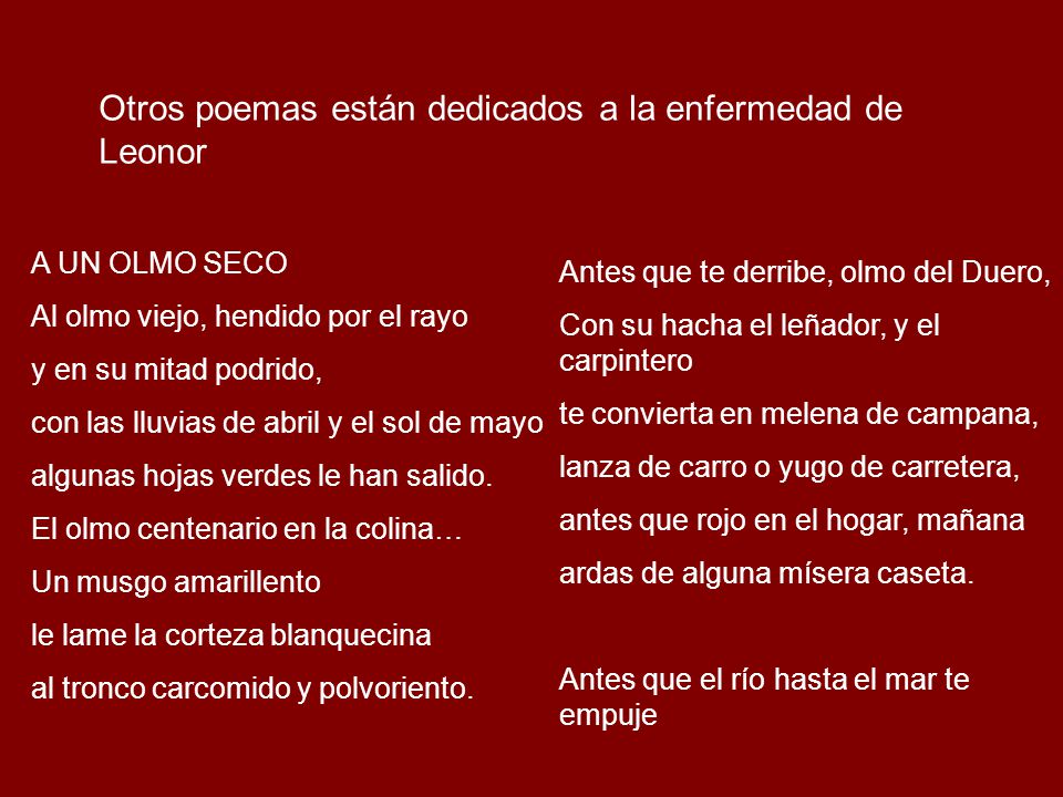 Otros poemas están dedicados a la enfermedad de Leonor