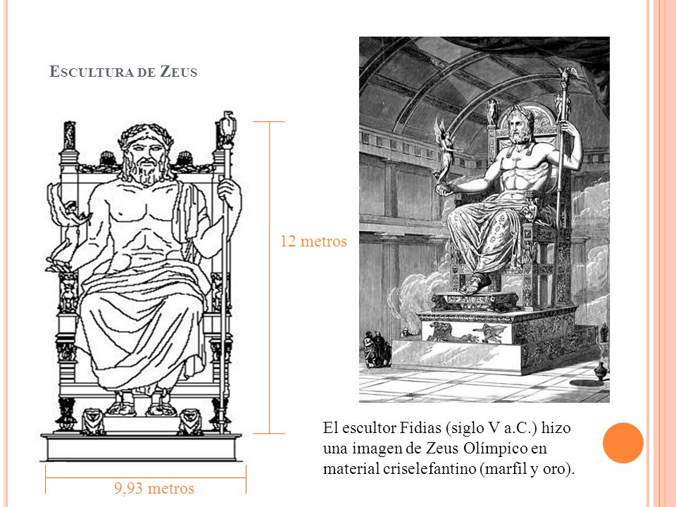 Escultura de Zeus 12 metros. El escultor Fidias (siglo V a.C.) hizo una imagen de Zeus Olímpico en material criselefantino (marfil y oro).