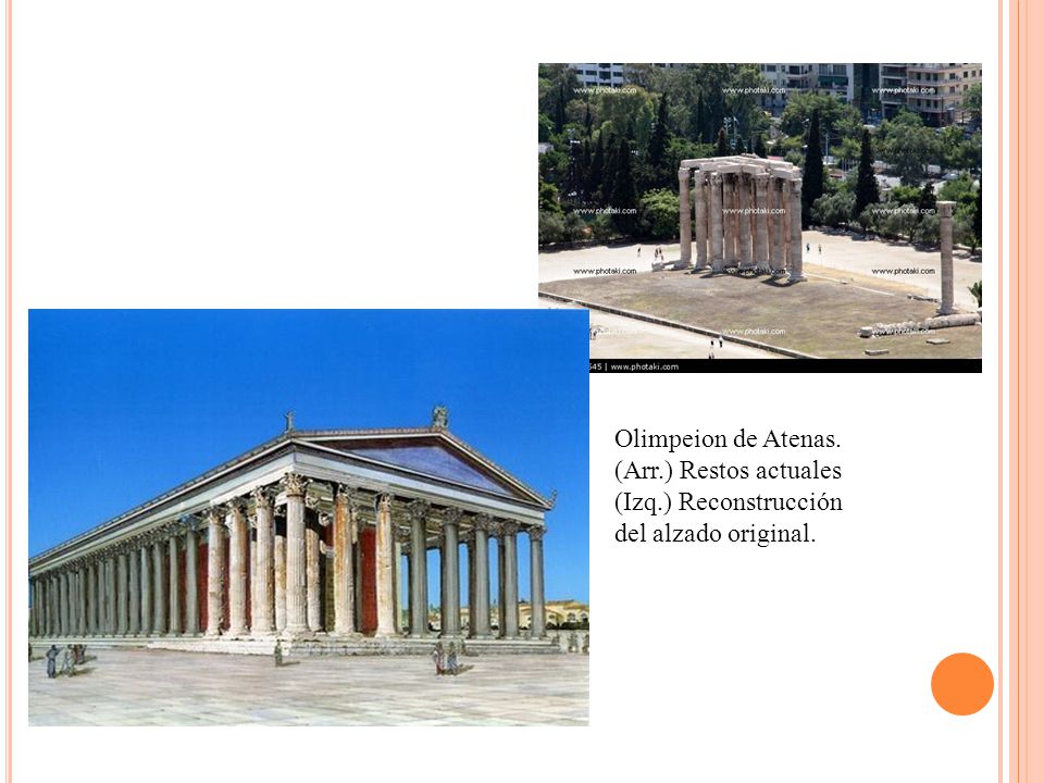 Olimpeion de Atenas. (Arr.) Restos actuales (Izq.) Reconstrucción del alzado original.