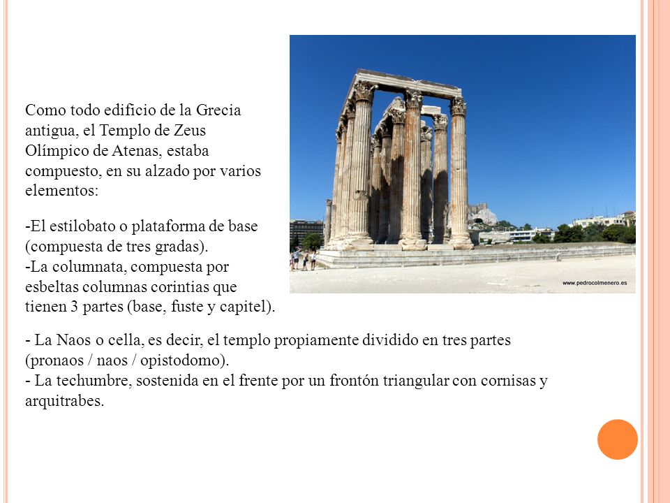 Como todo edificio de la Grecia antigua, el Templo de Zeus Olímpico de Atenas, estaba compuesto, en su alzado por varios elementos: