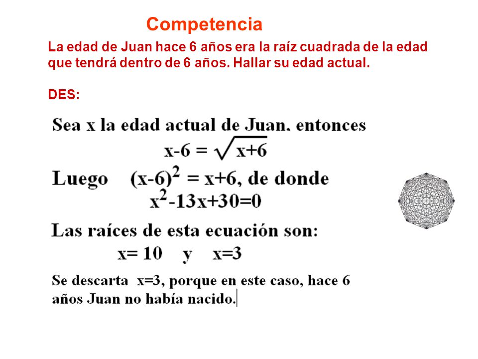 Competencia La edad de Juan hace 6 años era la raíz cuadrada de la edad. que tendrá dentro de 6 años. Hallar su edad actual.