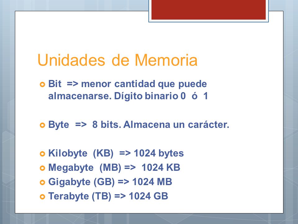 Unidades de Memoria Bit => menor cantidad que puede almacenarse. Dígito binario 0 ó 1. Byte => 8 bits. Almacena un carácter.