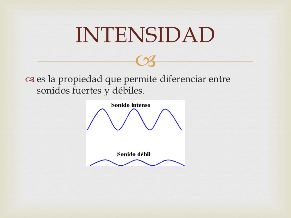 INTENSIDAD es la propiedad que permite diferenciar entre sonidos fuertes y débiles.
