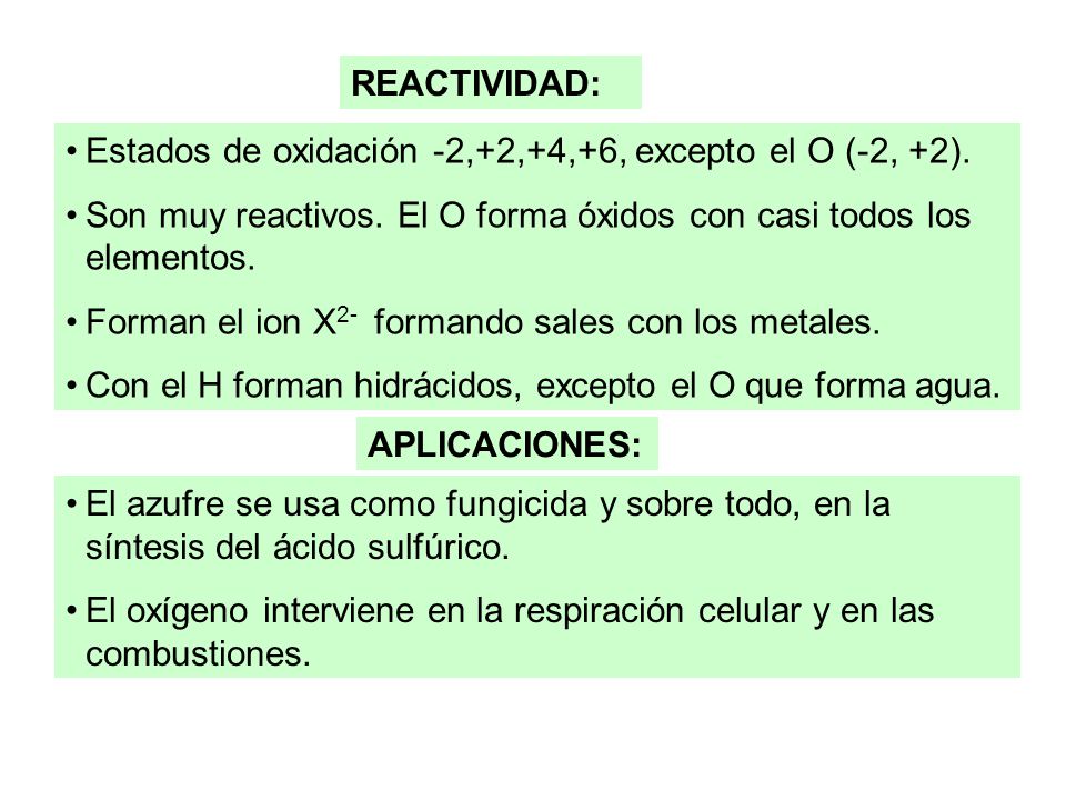 REACTIVIDAD: Estados de oxidación -2,+2,+4,+6, excepto el O (-2, +2). Son muy reactivos. El O forma óxidos con casi todos los elementos.
