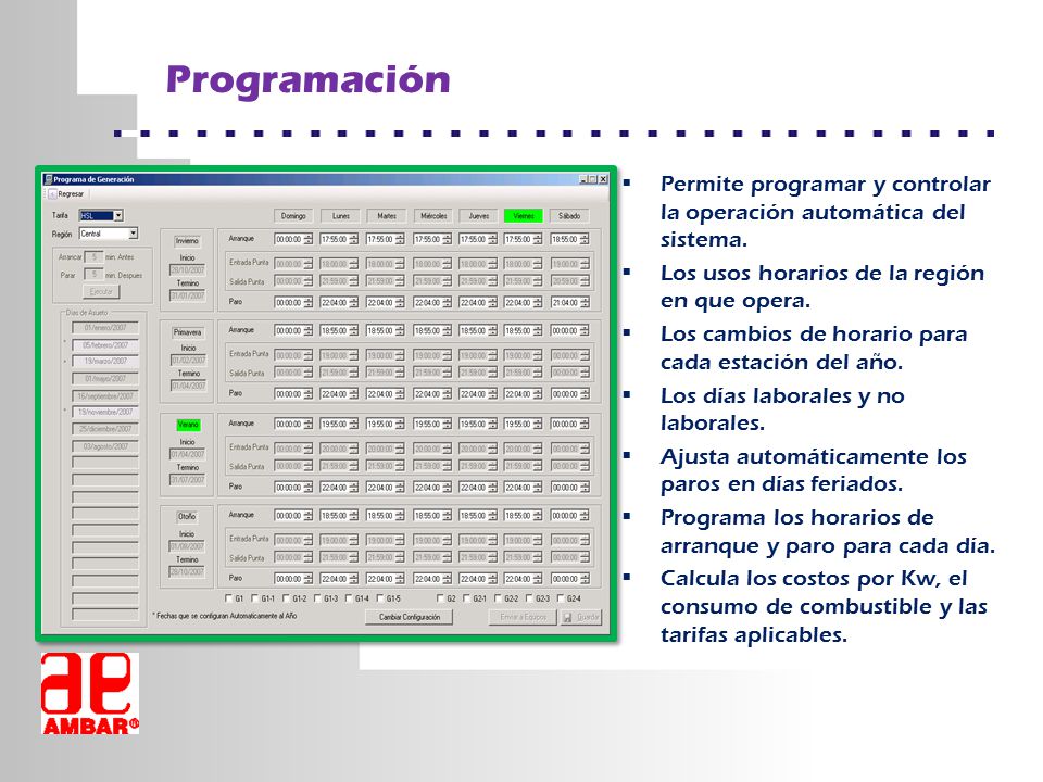 Programación Permite programar y controlar la operación automática del sistema. Los usos horarios de la región en que opera.