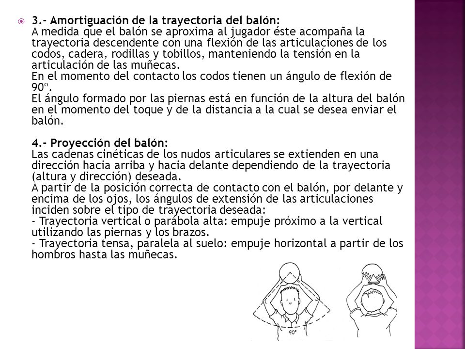 3.- Amortiguación de la trayectoria del balón: A medida que el balón se aproxima al jugador éste acompaña la trayectoria descendente con una flexión de las articulaciones de los codos, cadera, rodillas y tobillos, manteniendo la tensión en la articulación de las muñecas.