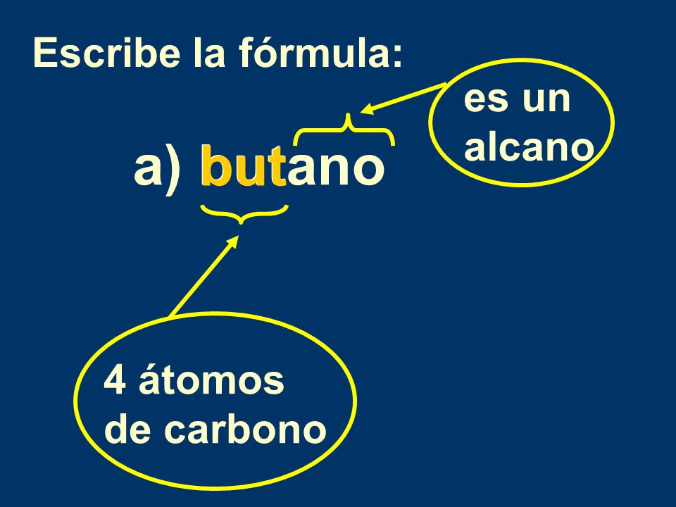 Escribe la fórmula: es un alcano a) butano but 4 átomos de carbono