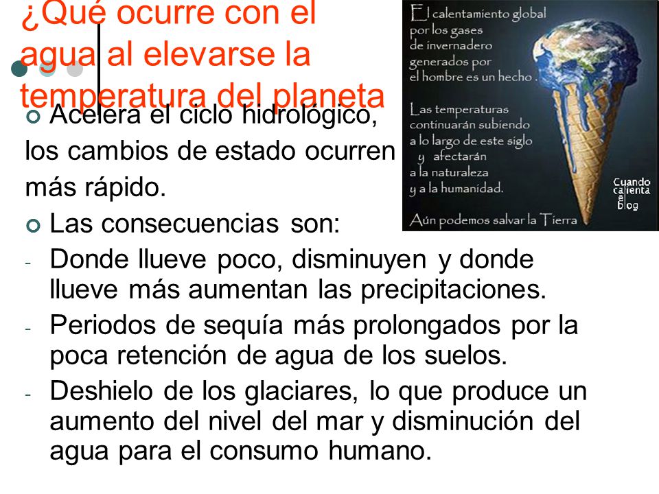 ¿Qué ocurre con el agua al elevarse la temperatura del planeta