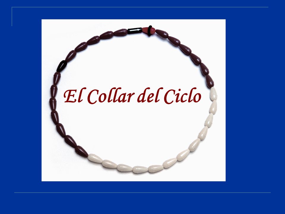 El Collar del Ciclo El collar del ciclo consta de 32 cuentas o perlas, un pequeño cilindro negro con una flecha y un anillo de jebe.