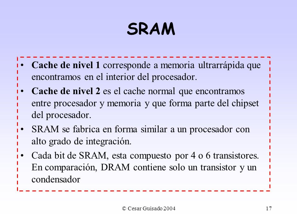 SRAM Cache de nivel 1 corresponde a memoria ultrarrápida que encontramos en el interior del procesador.