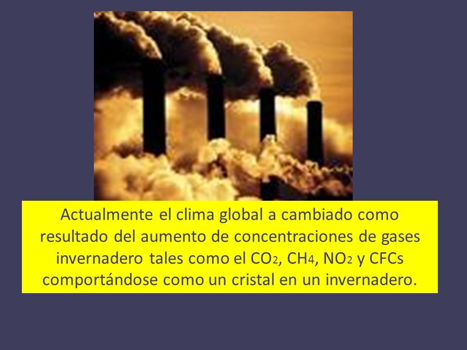 Actualmente el clima global a cambiado como resultado del aumento de concentraciones de gases invernadero tales como el CO2, CH4, NO2 y CFCs comportándose como un cristal en un invernadero.