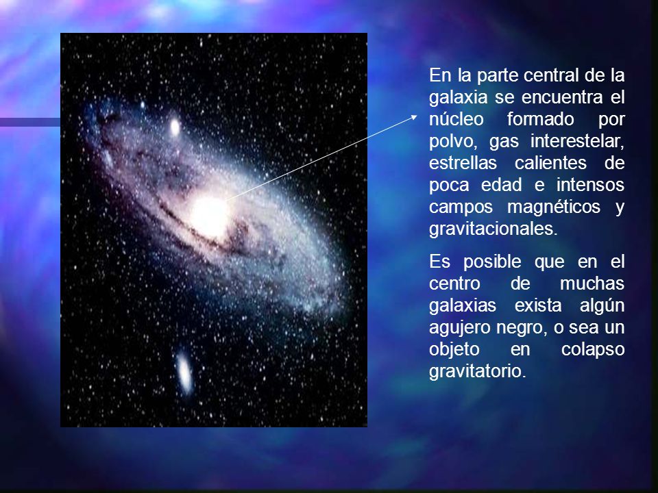 En la parte central de la galaxia se encuentra el núcleo formado por polvo, gas interestelar, estrellas calientes de poca edad e intensos campos magnéticos y gravitacionales.