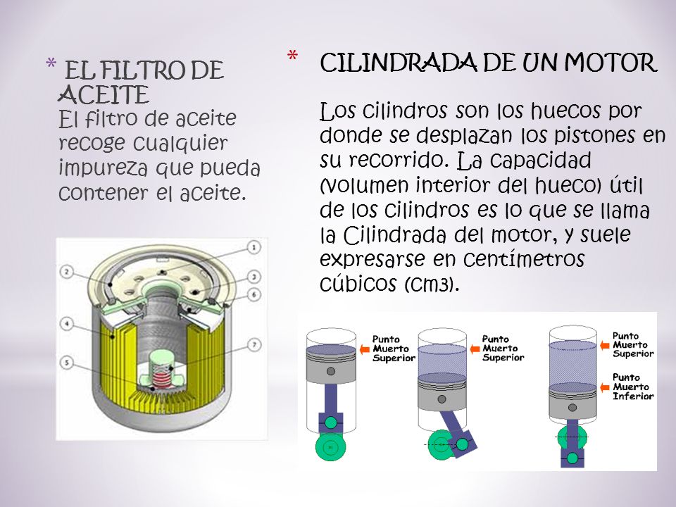 CILINDRADA DE UN MOTOR Los cilindros son los huecos por donde se desplazan los pistones en su recorrido. La capacidad (volumen interior del hueco) útil de los cilindros es lo que se llama la Cilindrada del motor, y suele expresarse en centímetros cúbicos (cm3).