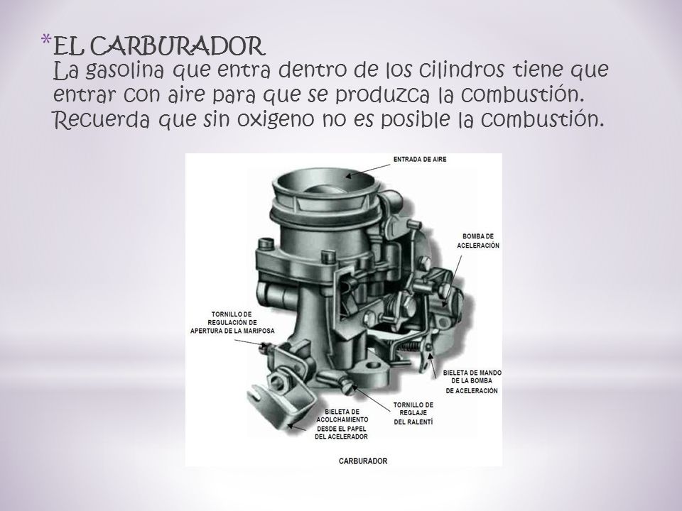 EL CARBURADOR La gasolina que entra dentro de los cilindros tiene que entrar con aire para que se produzca la combustión.