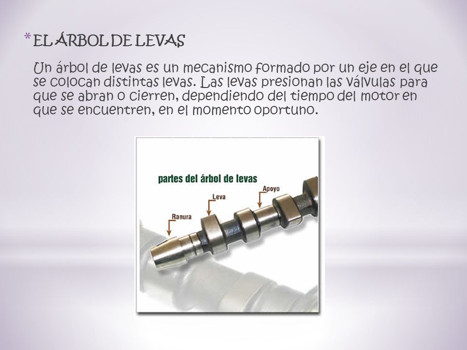 EL ÁRBOL DE LEVAS Un árbol de levas es un mecanismo formado por un eje en el que se colocan distintas levas.