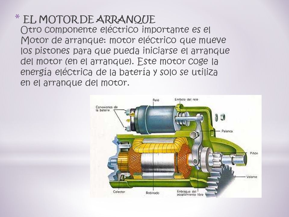 EL MOTOR DE ARRANQUE Otro componente eléctrico importante es el Motor de arranque: motor eléctrico que mueve los pistones para que pueda iniciarse el arranque del motor (en el arranque).