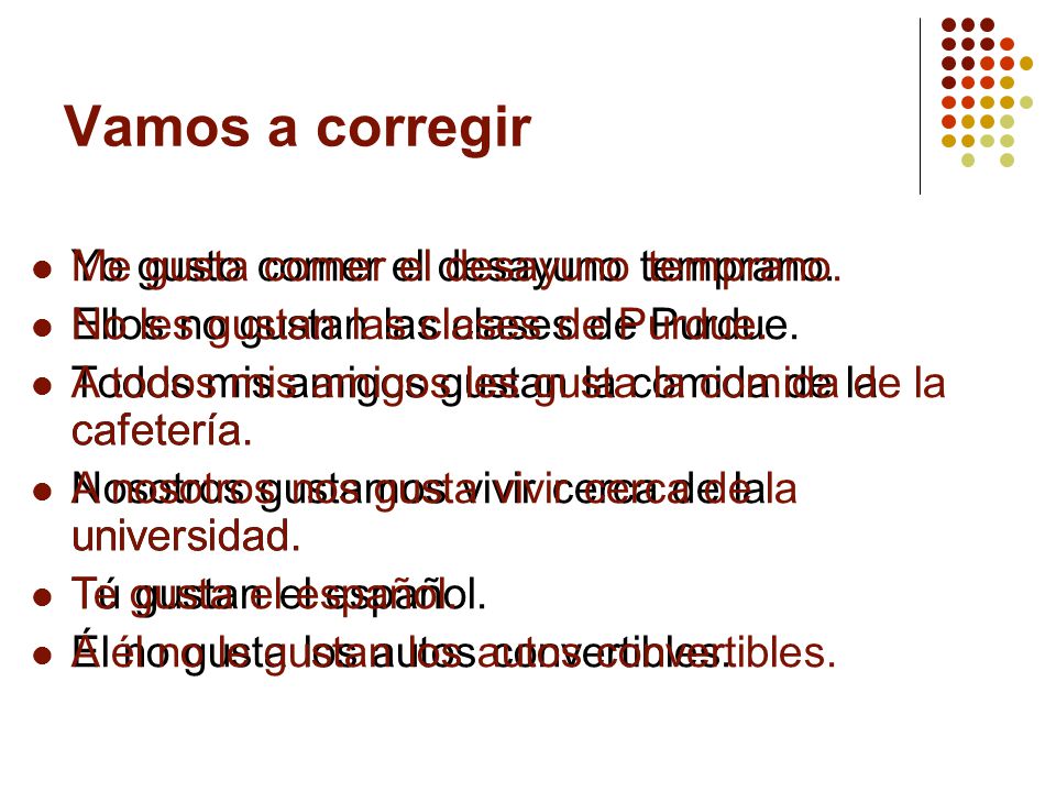 Vamos a corregir Me gusta comer el desayuno temprano.