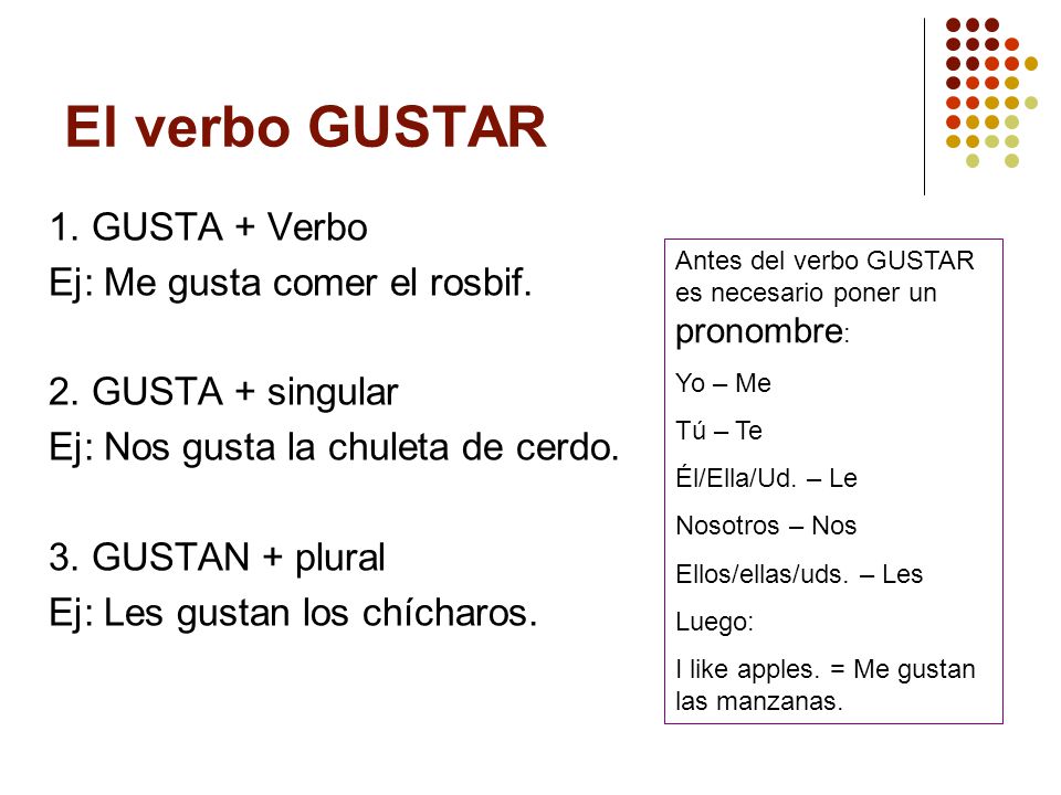 El verbo GUSTAR 1. GUSTA + Verbo Ej: Me gusta comer el rosbif.