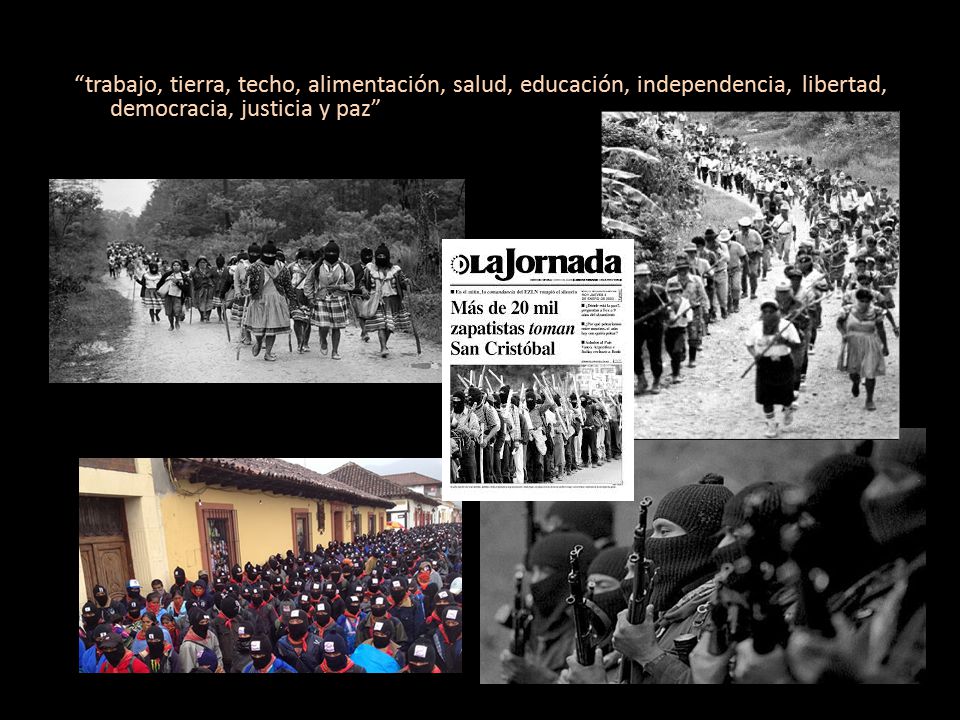 trabajo, tierra, techo, alimentación, salud, educación, independencia, libertad, democracia, justicia y paz