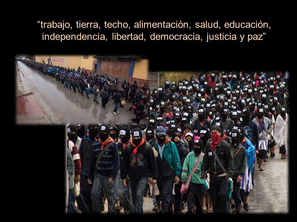 trabajo, tierra, techo, alimentación, salud, educación, independencia, libertad, democracia, justicia y paz