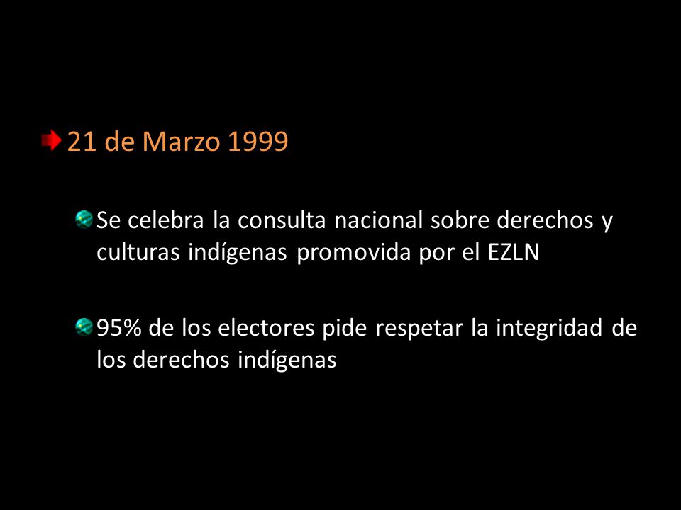 21 de Marzo 1999 Se celebra la consulta nacional sobre derechos y culturas indígenas promovida por el EZLN.