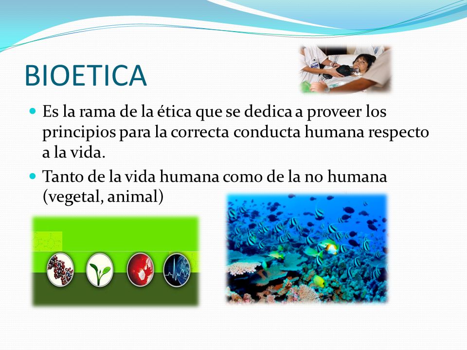 BIOETICA Es la rama de la ética que se dedica a proveer los principios para la correcta conducta humana respecto a la vida.