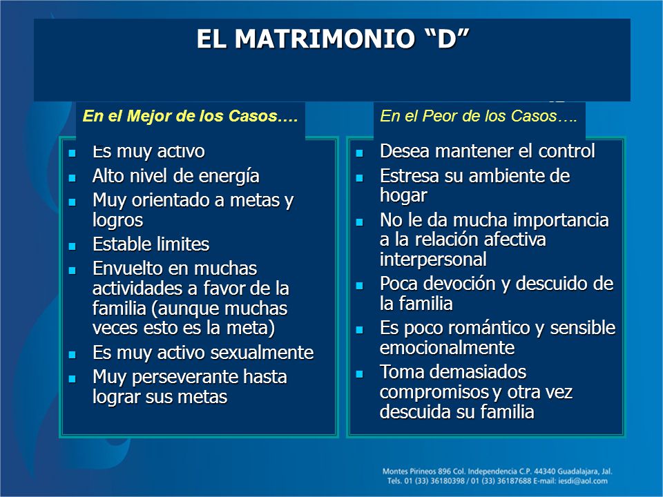 EL MATRIMONIO D Es muy activo Alto nivel de energía