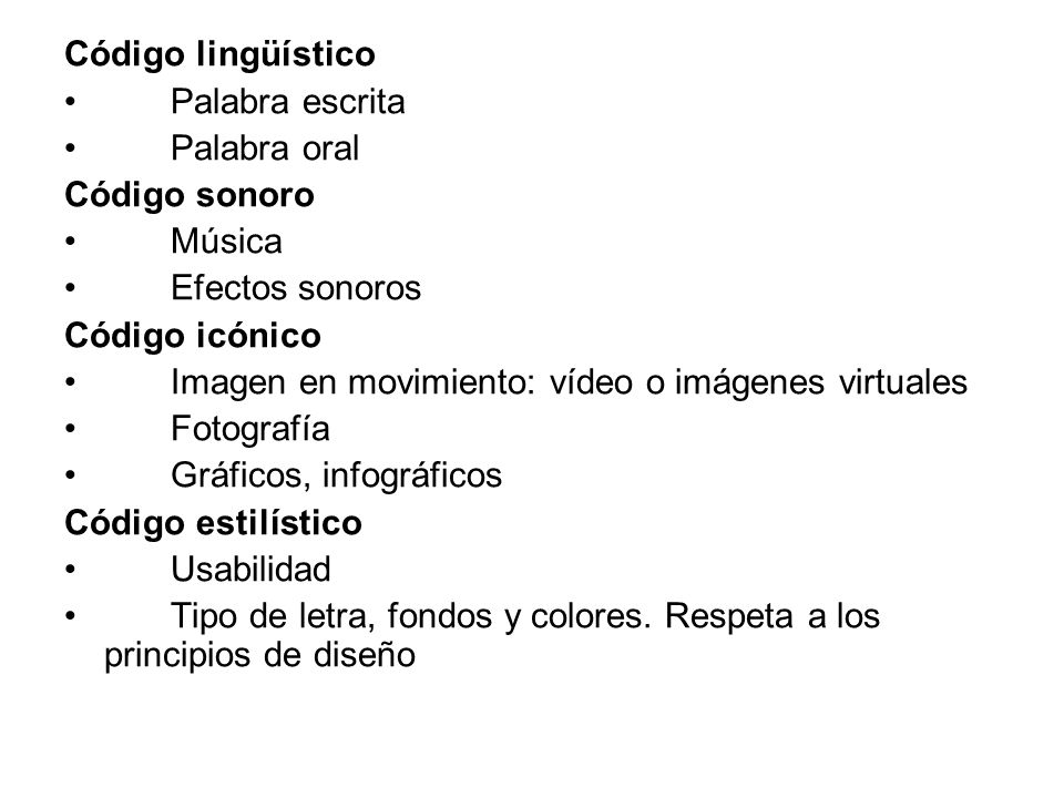 Código lingüístico Palabra escrita. Palabra oral. Código sonoro. Música. Efectos sonoros. Código icónico.
