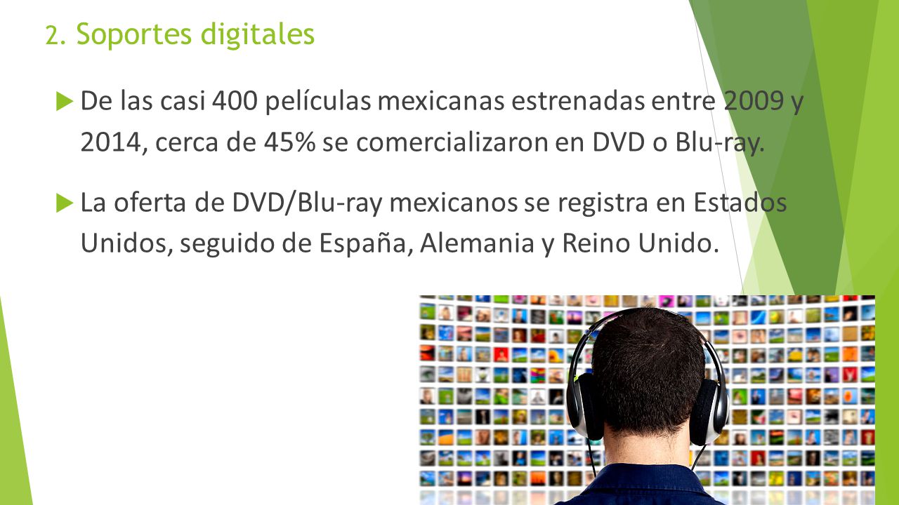 2. Soportes digitales De las casi 400 películas mexicanas estrenadas entre 2009 y 2014, cerca de 45% se comercializaron en DVD o Blu-ray.