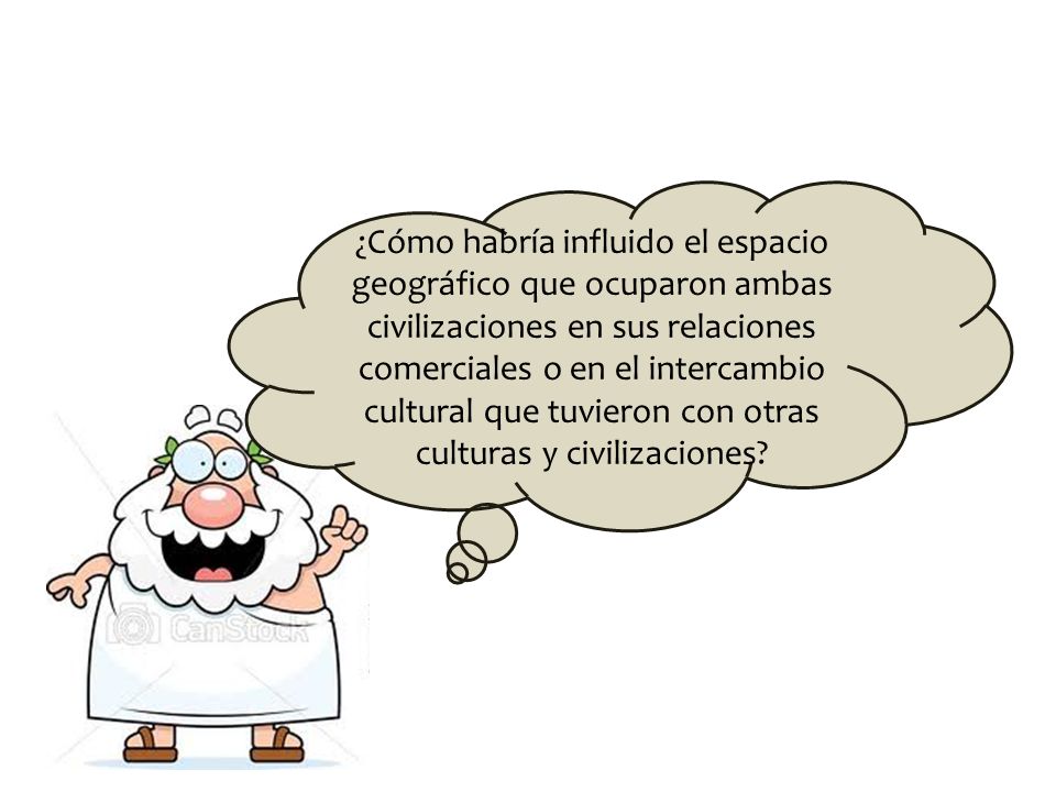 ¿Cómo habría influido el espacio geográfico que ocuparon ambas civilizaciones en sus relaciones comerciales o en el intercambio cultural que tuvieron con otras culturas y civilizaciones