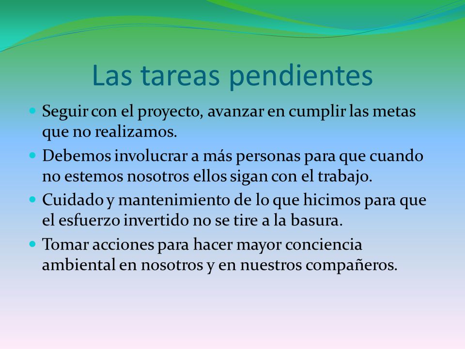 Las tareas pendientes Seguir con el proyecto, avanzar en cumplir las metas que no realizamos.