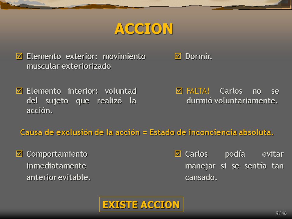 ACCION Elemento exterior: movimiento muscular exteriorizado. Dormir. Elemento interior: voluntad del sujeto que realizó la acción.